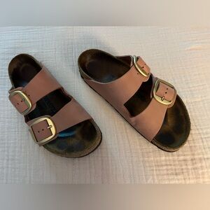 Pink Birkenstock Arizona Sandals with Big Gold Buckles